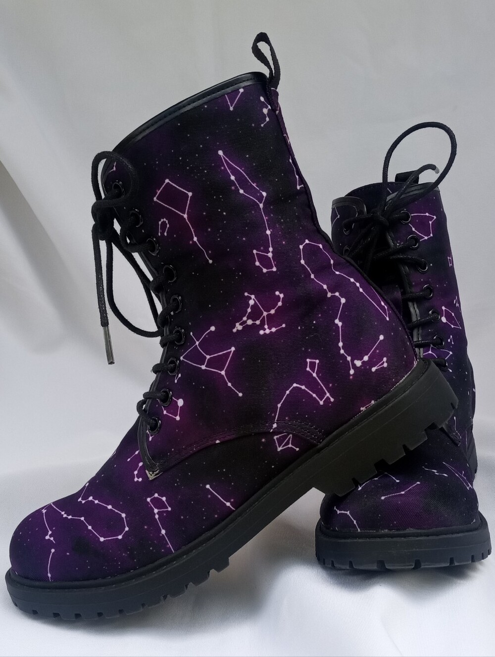 Purple Galaxy Star Constellation Lace Up High Top Canvas Dr. Marten Combat Boots - Picture 6 of 10